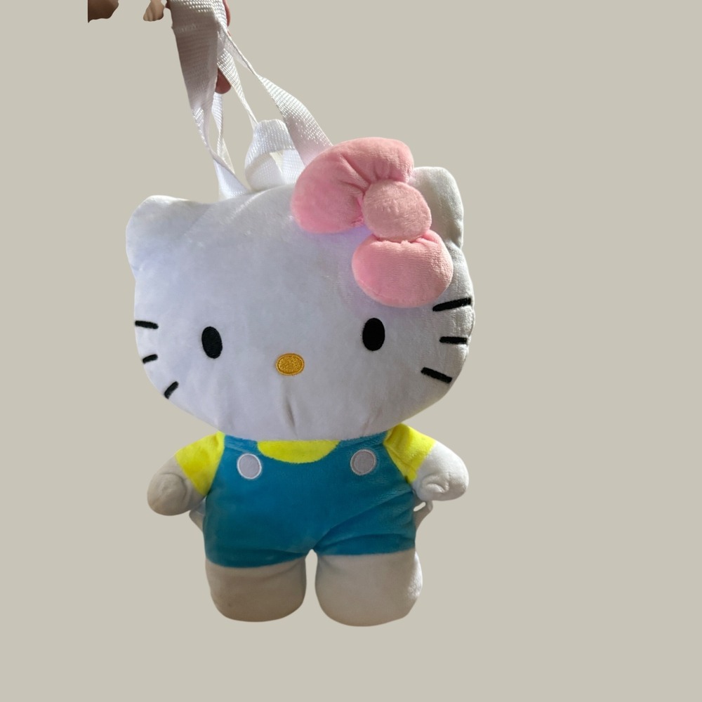 Sanrio Hello Kitty Plush Backpack‎ Blue Overalls Pink Bow Kawaii Kids Bag 11in